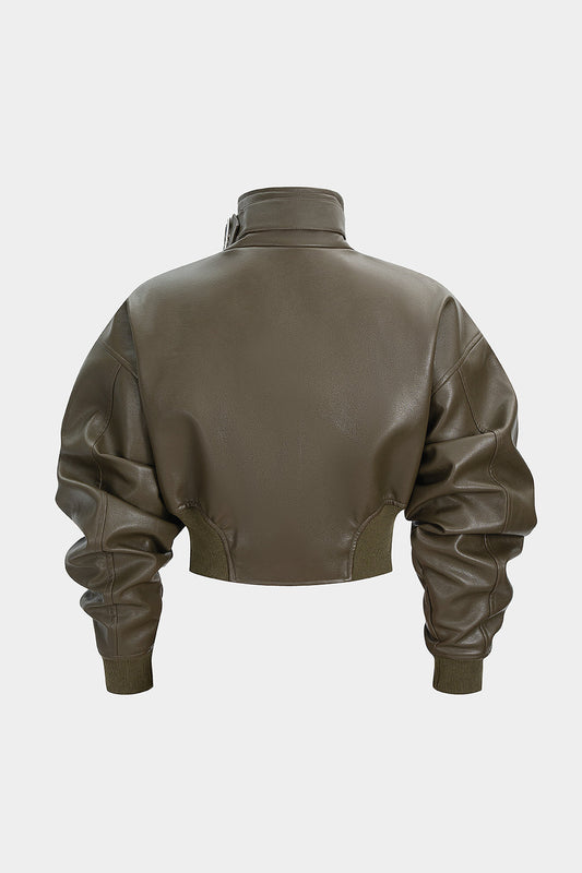 Faux Leather Stand Collar Zipper Jacket