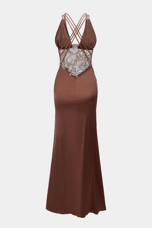 Stain Patchwork Sheer Lace V-Neck Crosssed Backless Maxi Dress