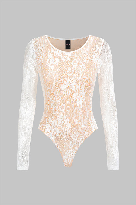 Lace Round Neck Hollow Out Long-Sleeve Bodysuit