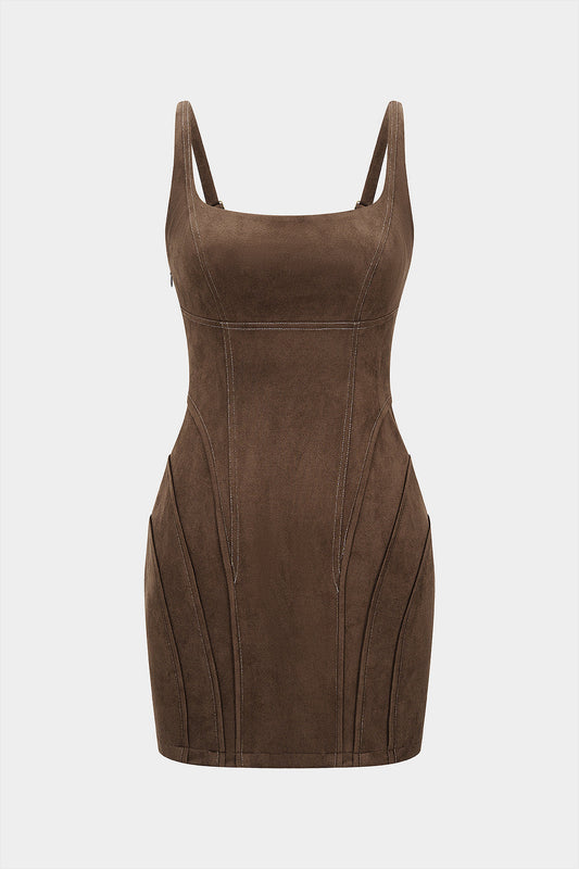 Suede Square Neck Tie Back Sleeveless Mini Dress