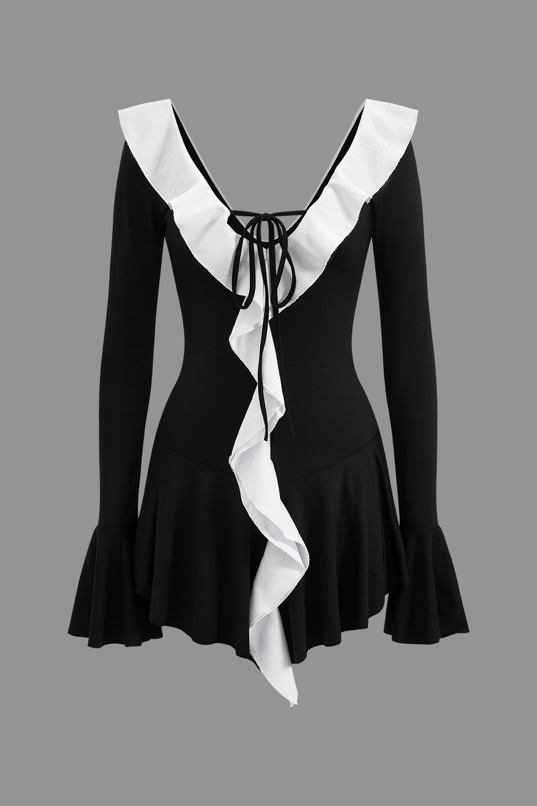 Contrast Ruffle Neck Bell Sleeve Tie Front Mini Dress