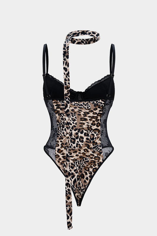 Leopard Print Sheer Lace Trim Sleeveless Bodysuit