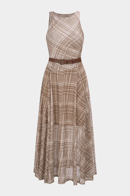 Plaid Print Mesh Twist Knot Round Neck Belted Sleeveless Midi Dress