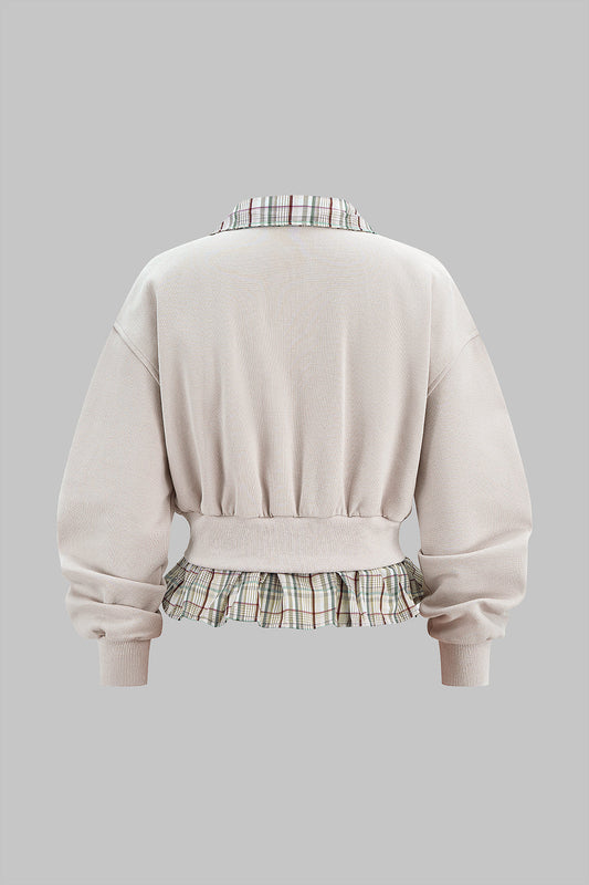 Plaid Print Zipper Patchwork Sweatshirt