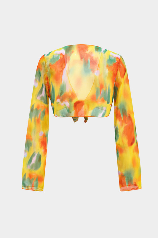 Watercolor Print Chiffon Tie Front Long Sleeve Top And Wide Leg Pants Set