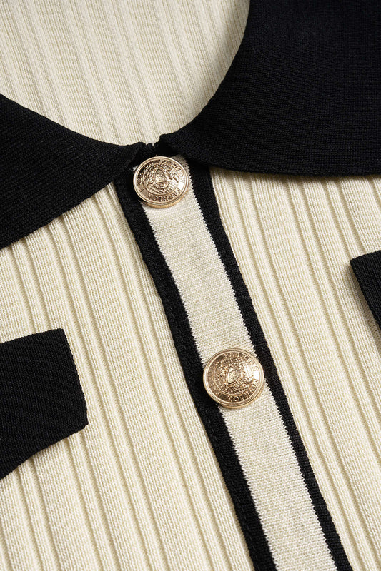 Knit Contrast Lapel Button Short Sleeve Dress