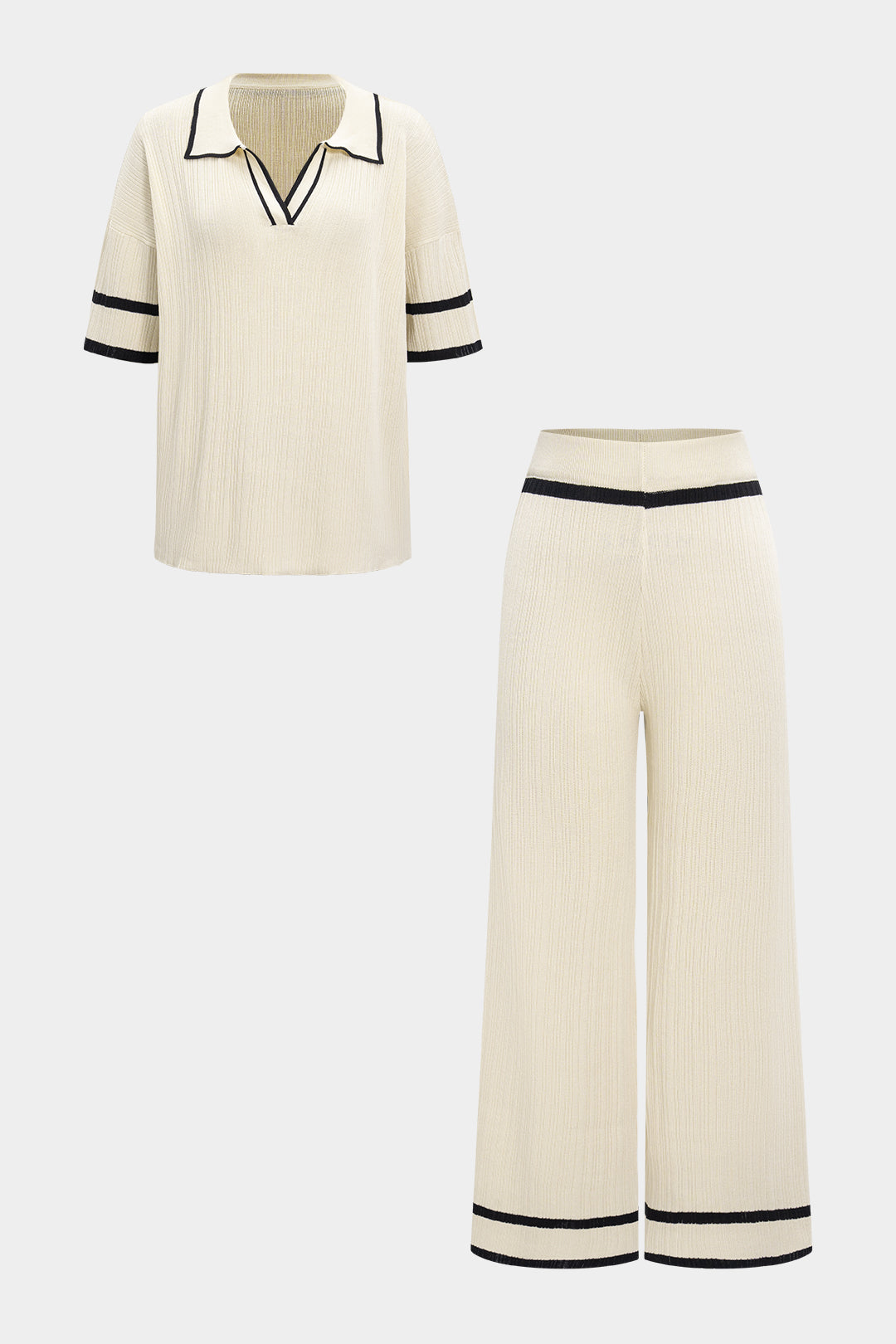 Knit Contrast Binding Lapel Short-Sleeve Top And Wide Leg Pants Set