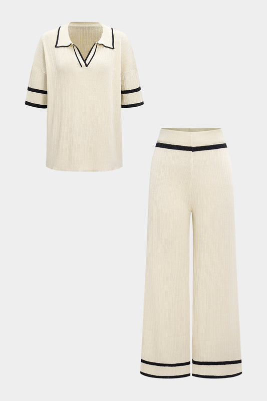 Knit Contrast Binding Lapel Short-Sleeve Top And Wide Leg Pants Set