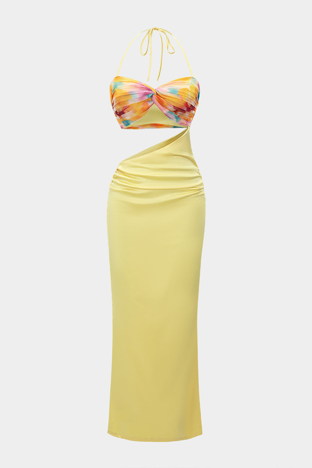 Ombre Print Chiffon Satin Sleeveless Halter Neck Slip Patchwork Maxi Dress