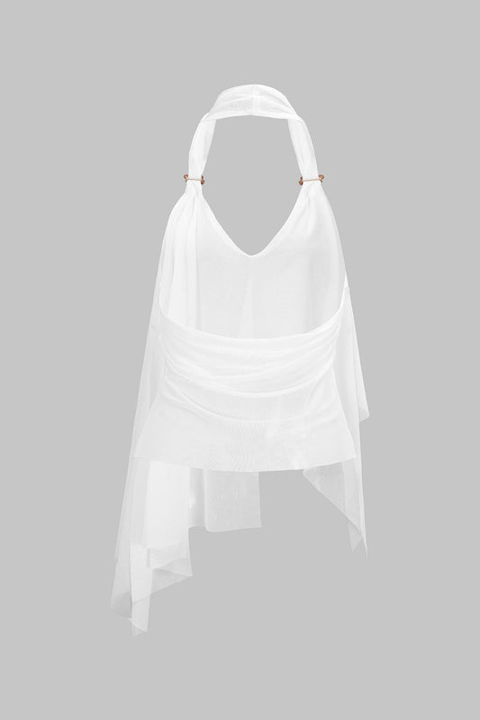 Mesh Halter V-Neck Asymmetrical Backless Ruched Cami Top