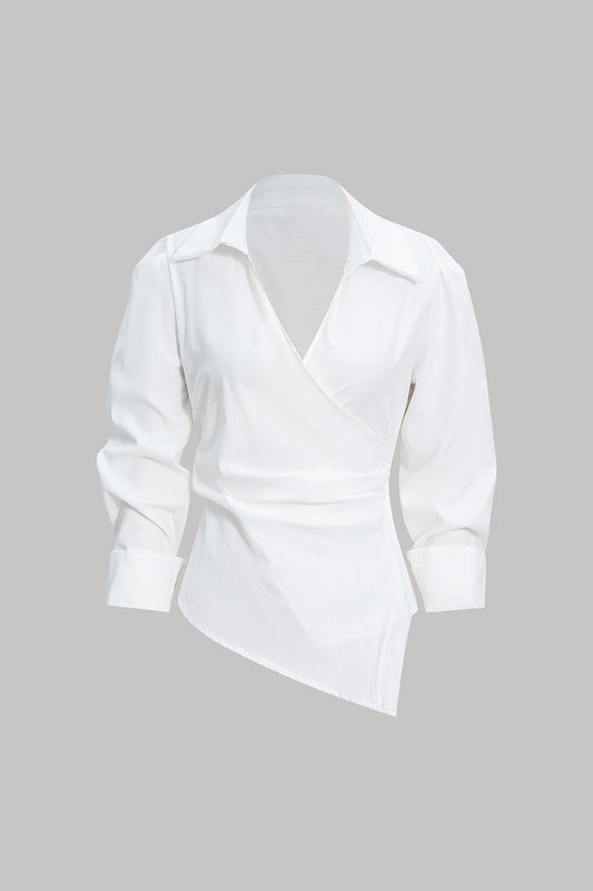 V-Neck Asymmetrical Tie Back Long-Sleeve Shirt