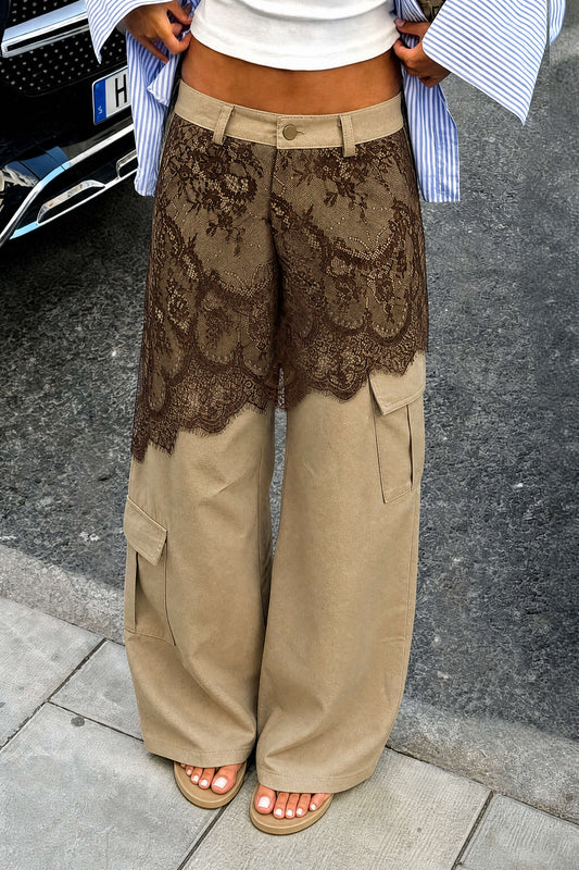 Lace Trim Patchwork Asymmetrical High Waist Wide Leg Pants