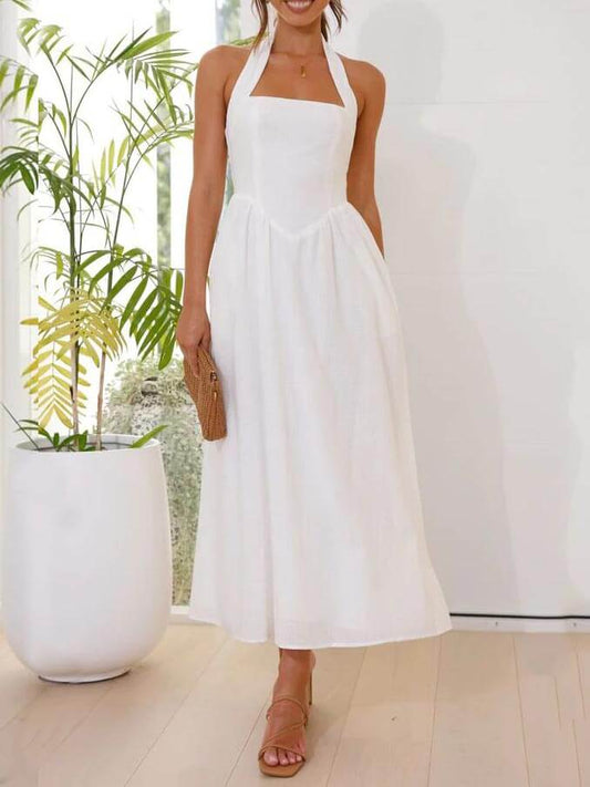 Waist Little Black Halter Neck Dress Mid Length Dress