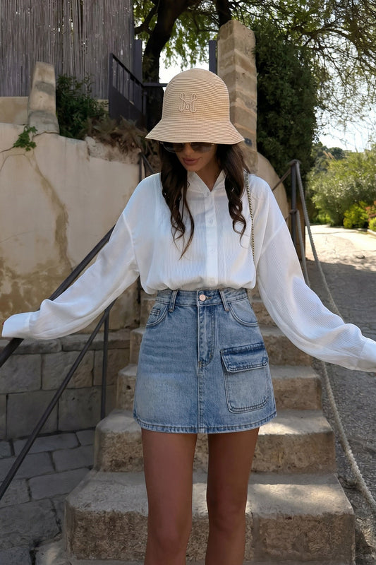 Denim High Waist Pocket Wide Leg Skirt