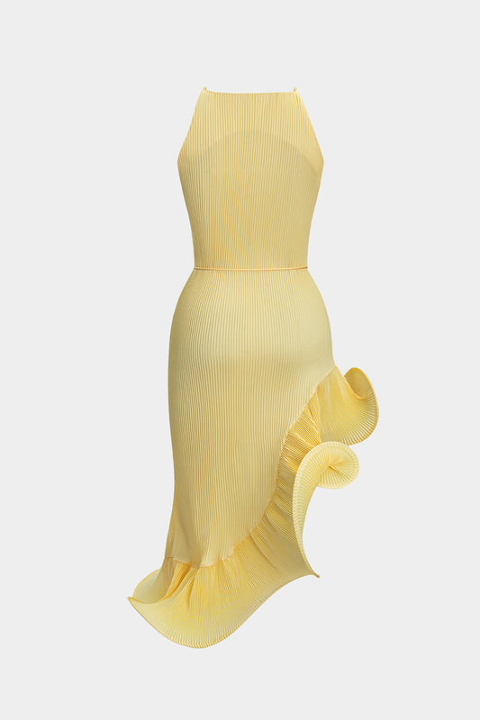 Asymmetrical Ruffle Tie-Up Ribbed Sleeveless Midi Dress