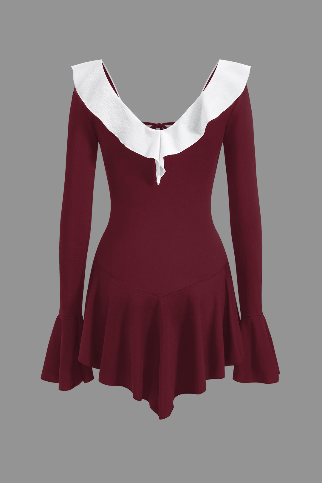 Contrast Ruffle Neck Bell Sleeve Tie Front Mini Dress