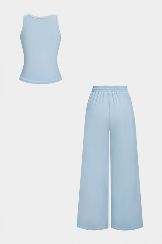 Solid U-Neck Tank Top And Wide Leg Pants Set