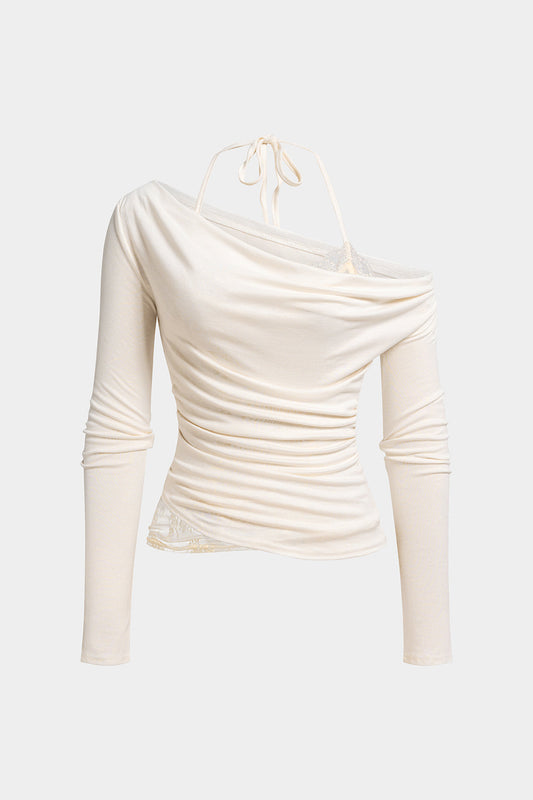 Lace Patchwork Halter Neck Tie-Up Asymmetrical Long-Sleeve Top