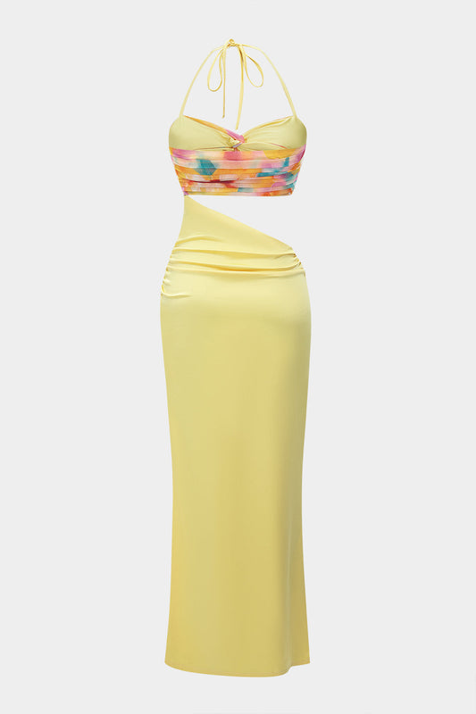 Ombre Print Chiffon Satin Sleeveless Halter Neck Slip Patchwork Maxi Dress