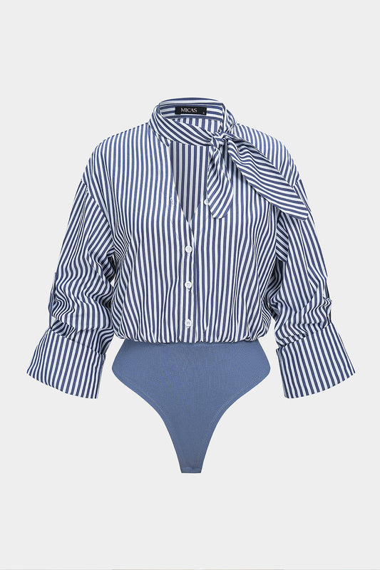 Stripes Print Button Patchwork Knotted Long Sleeve Bodysuit