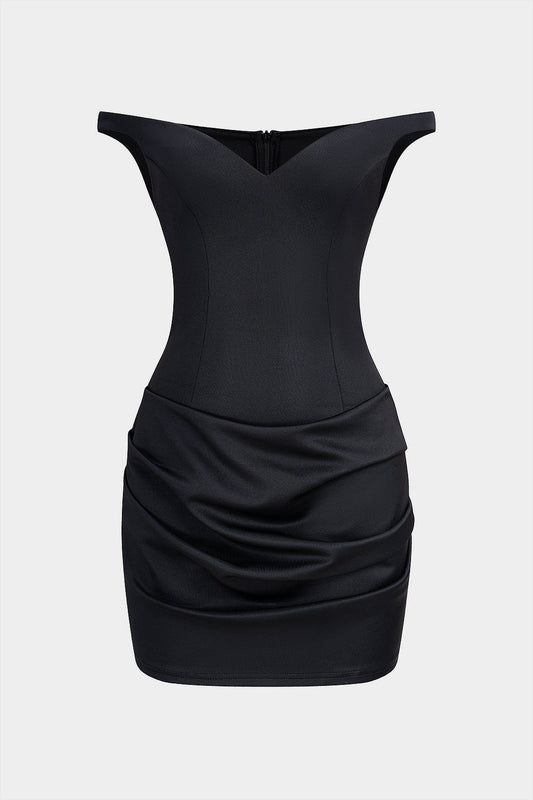 Solid V-Neck Ruched Sleeveless Mini Dress