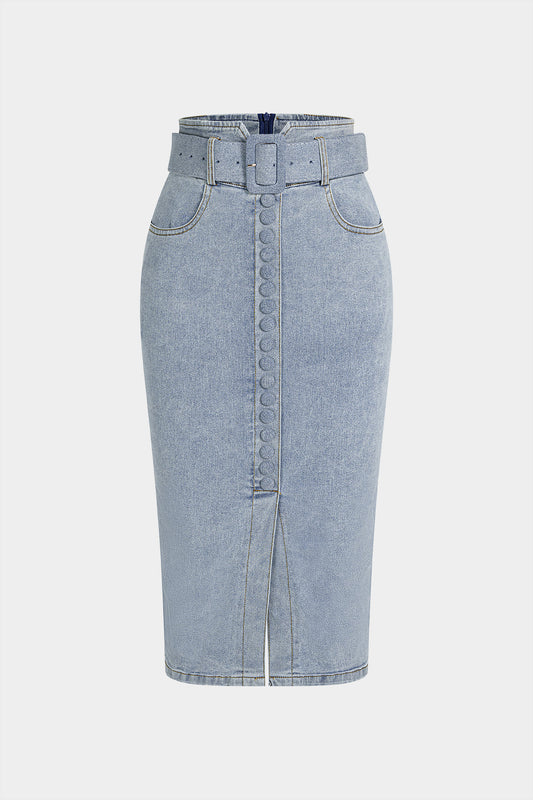 Denim Belted Button High Waist Skirt