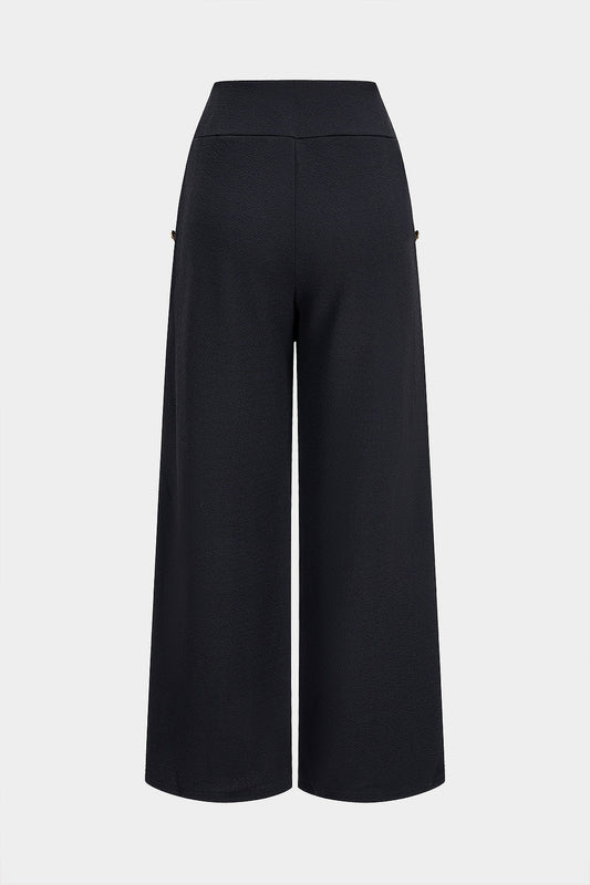 Solid Button High Waist Straight Leg Pants