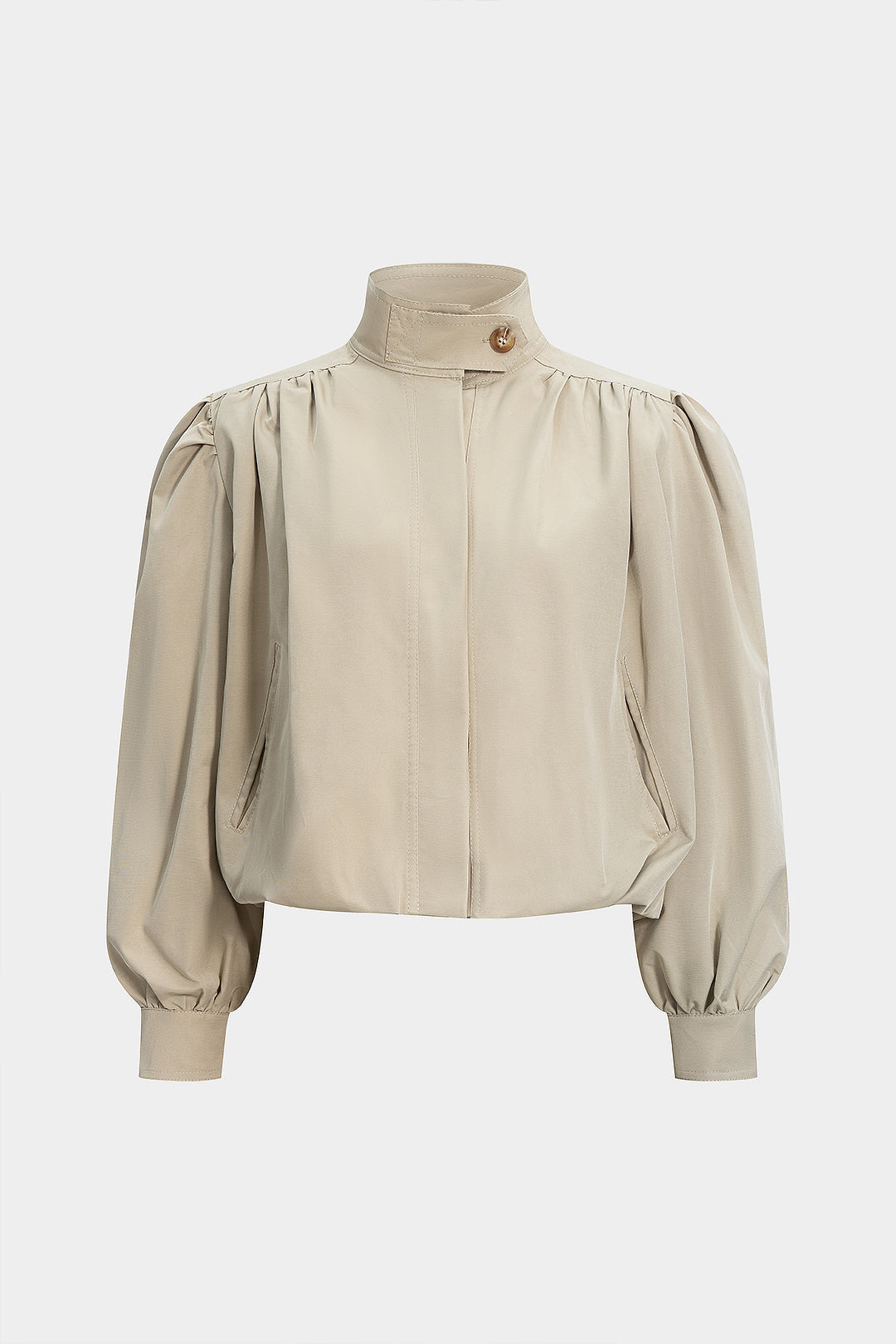 Stand Collar Ruched Shoulder Pad Jacket