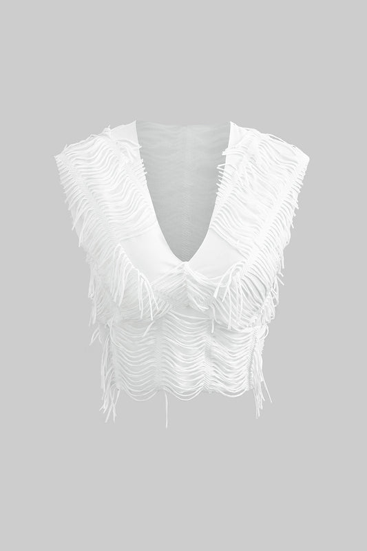 Conjunto de falda larga con abertura y top corto con cuello en V desgastado