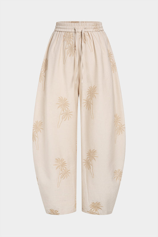 Embroidery Drawstring Wide Leg Pants
