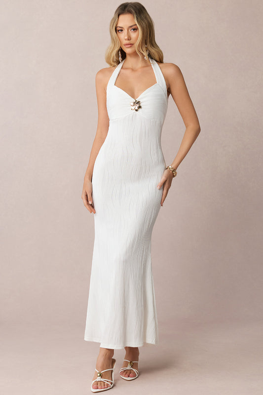 Halter Neck Tie Back Backless Metallic Decor Sleeveless Maxi Dress