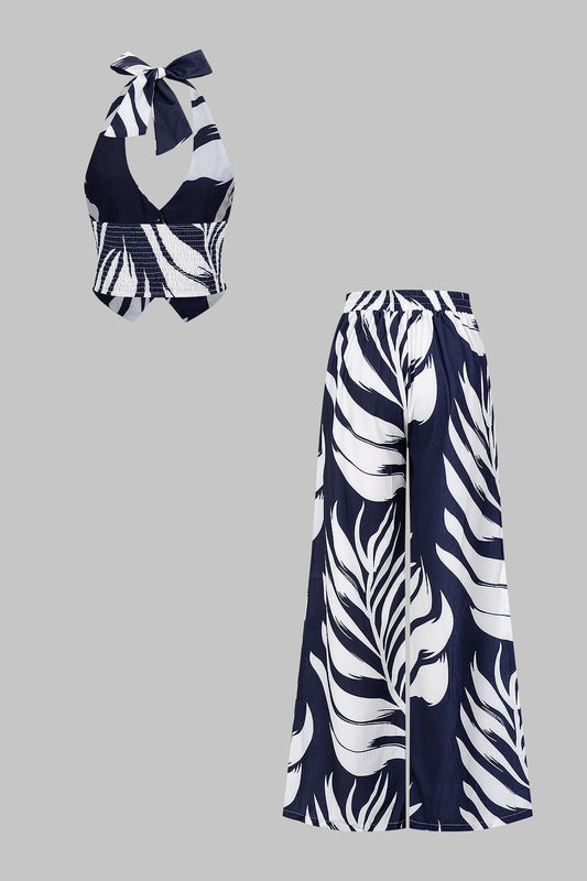 Contrast Leaves Print Halter V-Neck Tie-Up Top And Wide Leg Pants Set