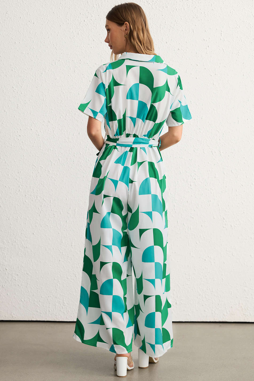Contrast Geometric Print Lapel Tie-Up Short Sleeve Jumpsuit