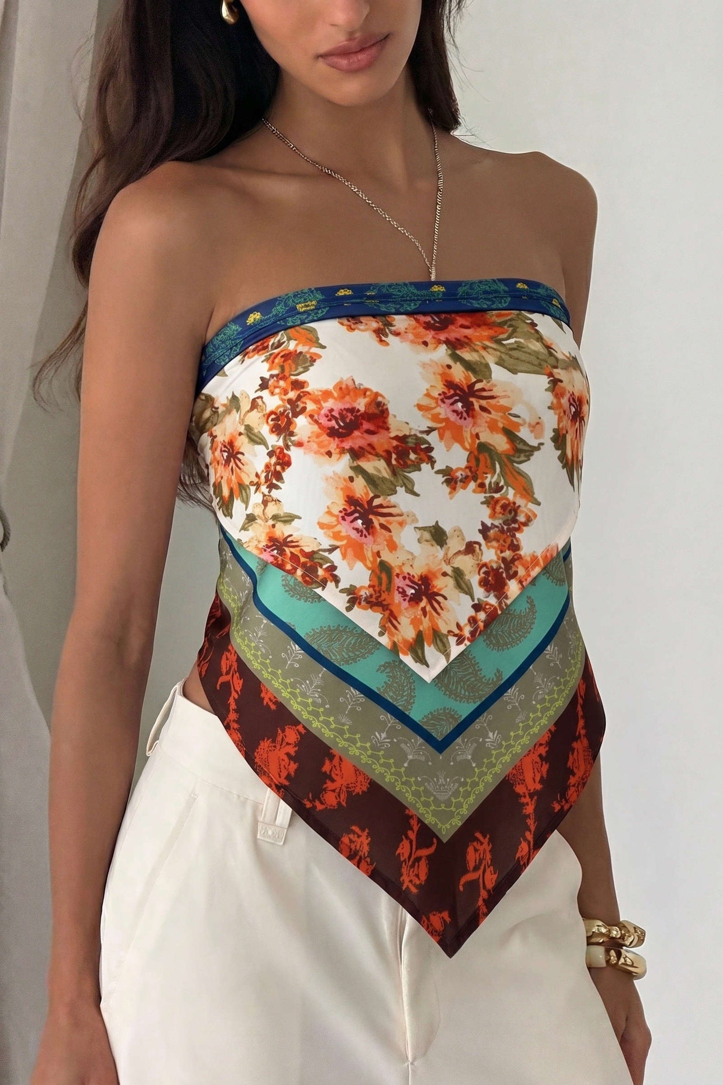 Artistic Floral Print Tie Back Tube Top