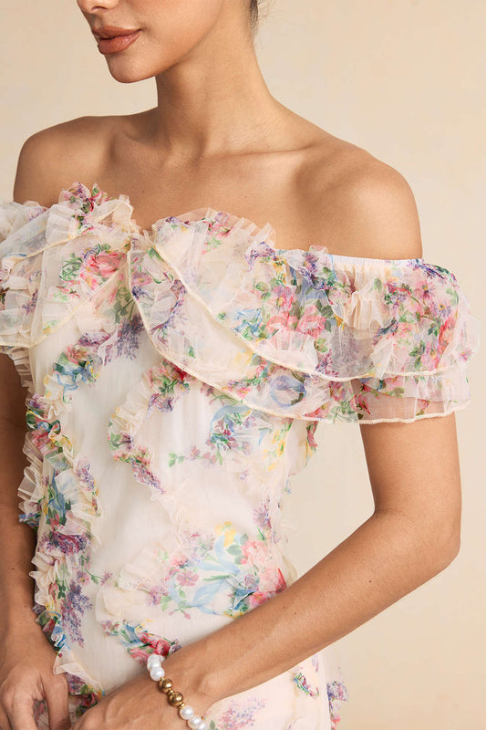 Floral Print Chiffon Patchwork Mesh Off Shoulder Ruffle Sleeveless Maxi Dress