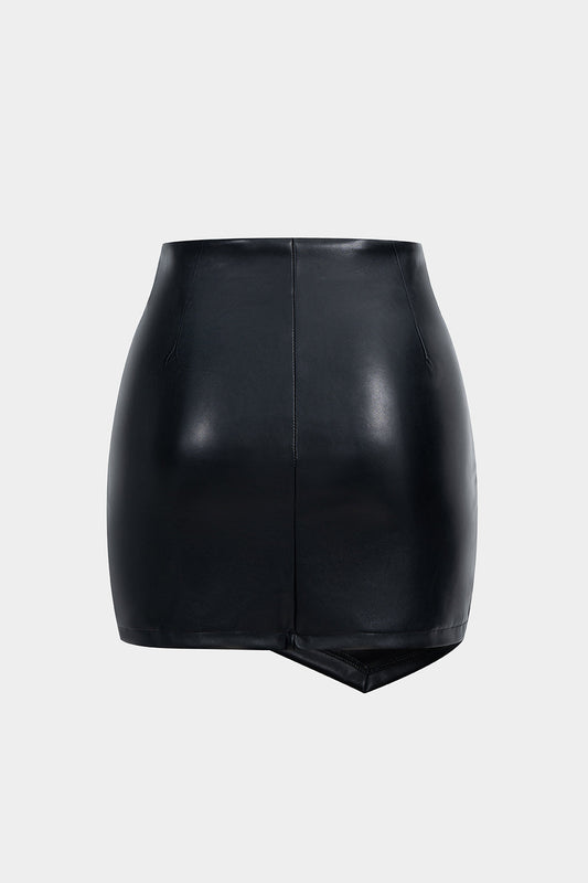 Faux Leather Ruched Asymmetrical Mini Skirt