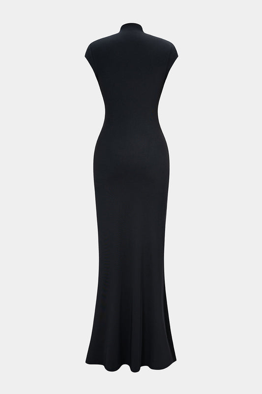Mock Neck Cut Out High Slit Short Sleeve Maxi Dress