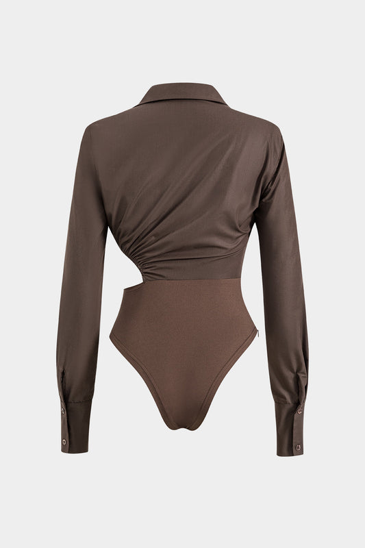 Asymmetrical Patchwork Cut Out Ruched Long Sleeve Bodysuit