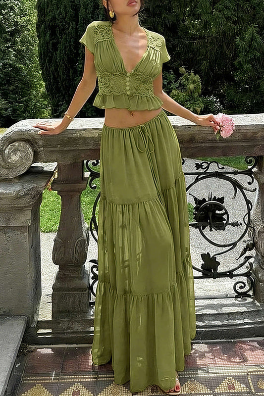 Chiffon Patchwork Lace V-Neck Ruched Top And Tie-Up Skirt Set