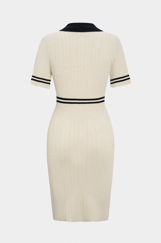Knit Contrast Lapel Button Short Sleeve Dress