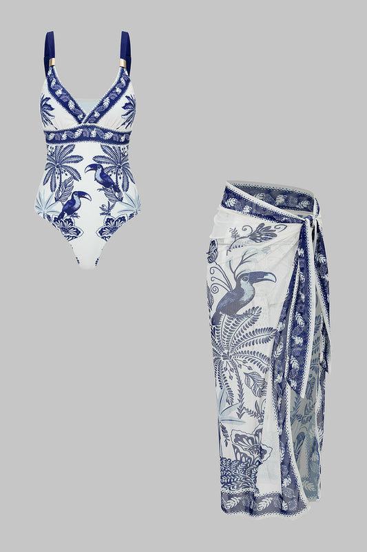 Bird Print Wrap 3-Piece Bikini Set