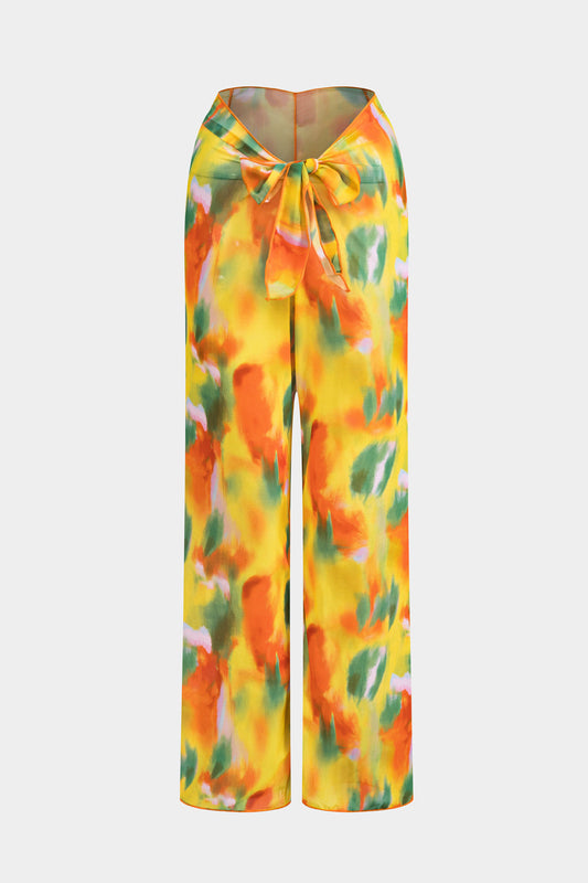 Watercolor Print Chiffon Tie Front Long Sleeve Top And Wide Leg Pants Set