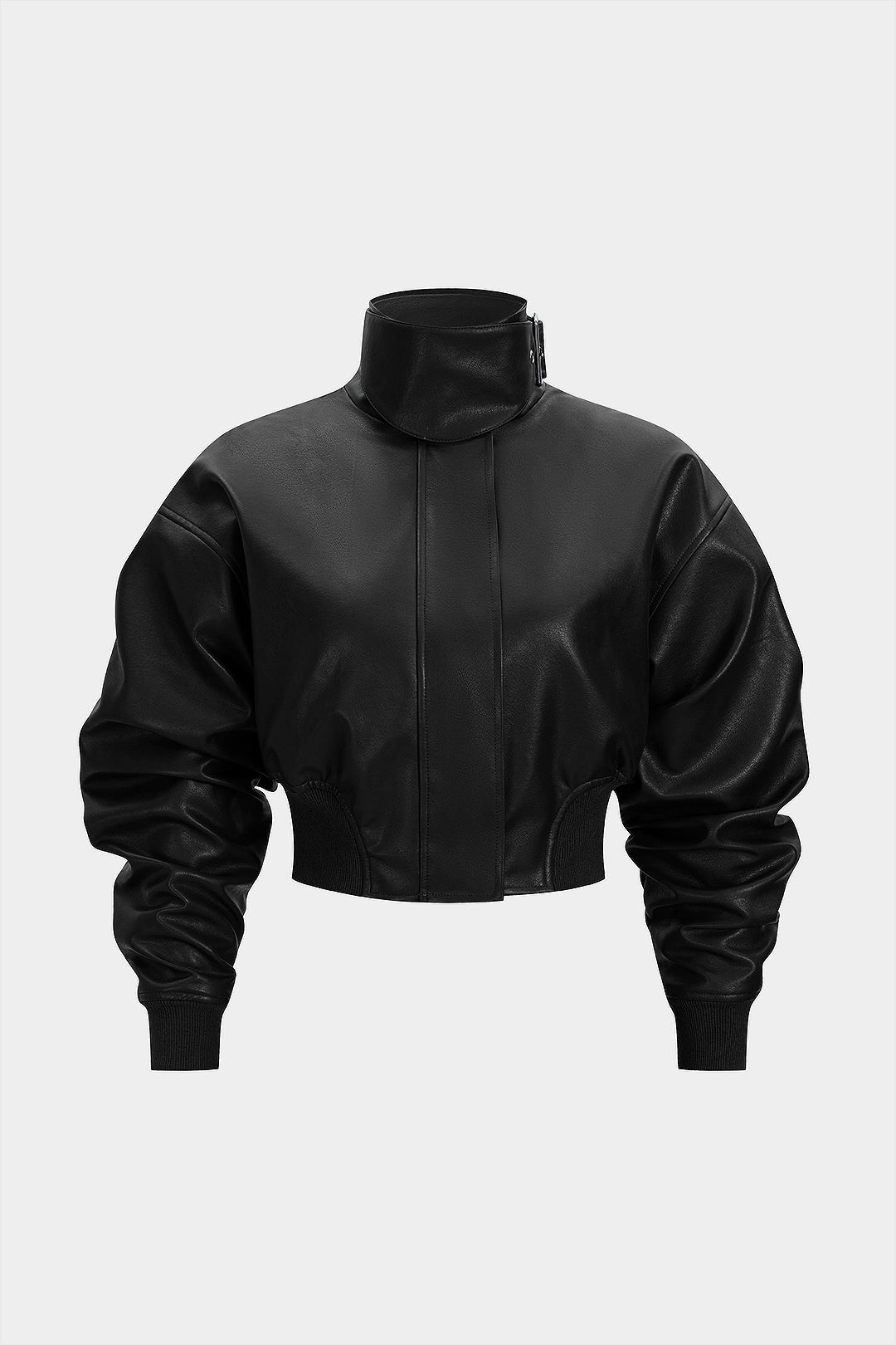Faux Leather Stand Collar Zipper Jacket