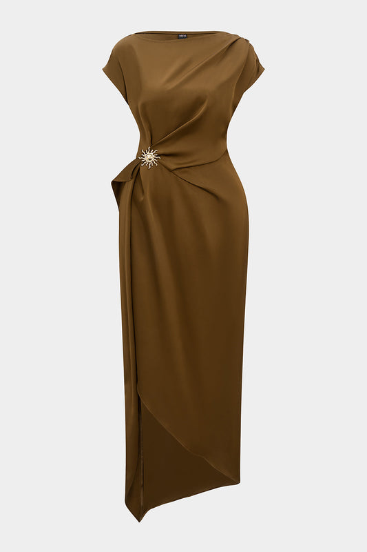 Satin Metallic Ruched Short Sleeve Midi Dress