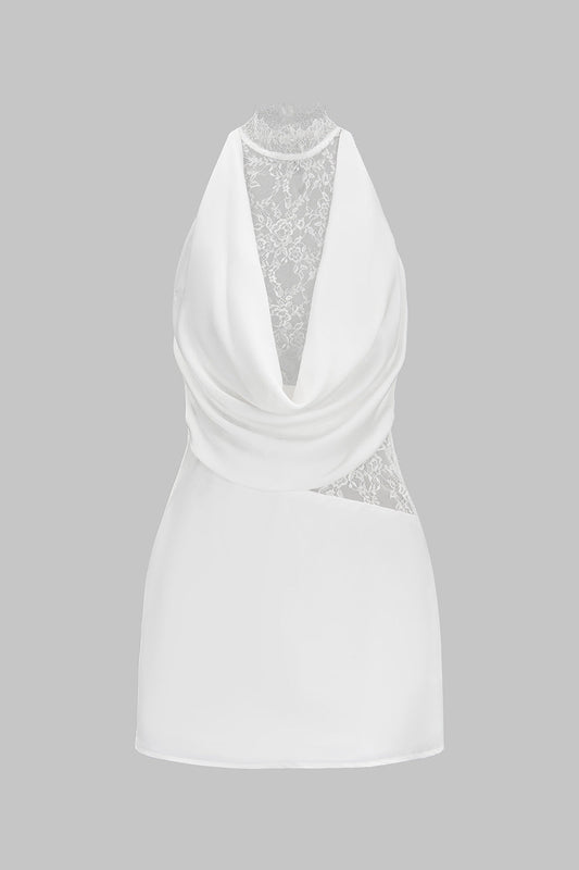 Patchwork Lace Halter Draped Cowl Neck Asymmetrical Sleeveless Mini Dress