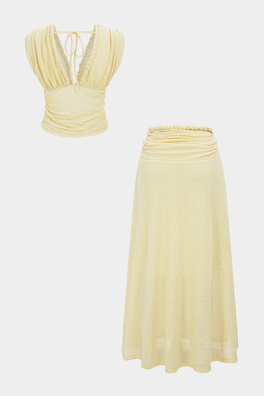 Twist Knot V-Neck Ruched Tank Top And Skirt Set