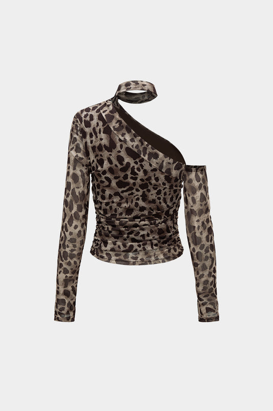 Mesh Leopard Print Asymmetrical Long-Sleeve Top