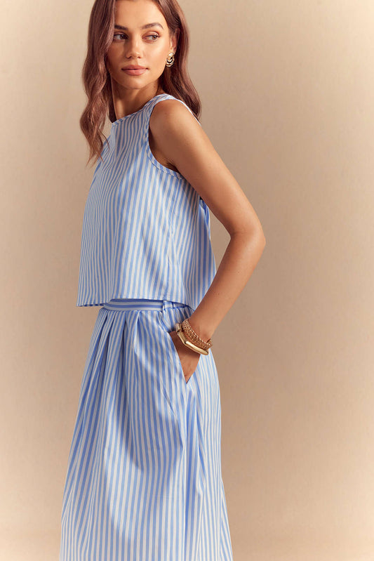 Stripes Print Button Tank Top And Pocket Skirt Set