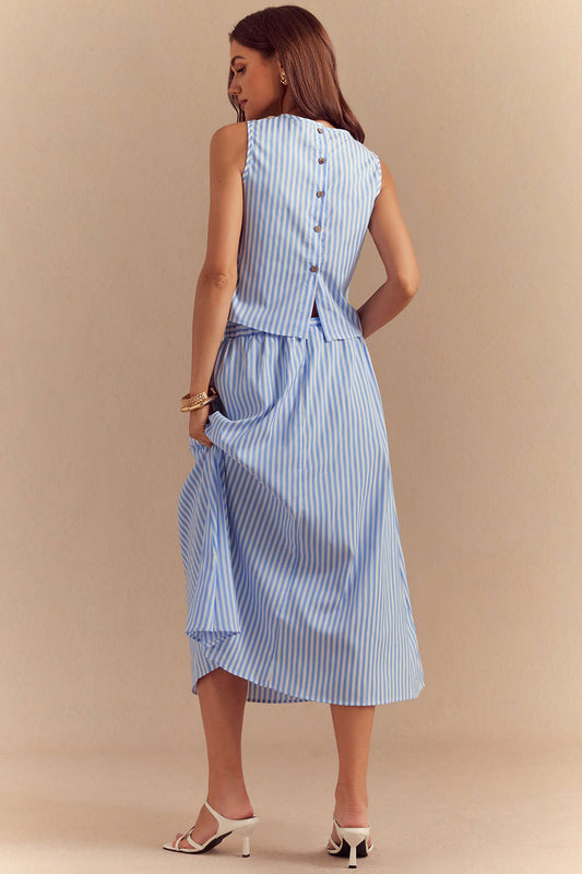 Stripes Print Button Tank Top And Pocket Skirt Set