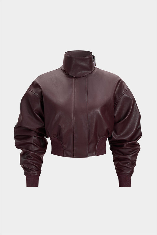 Faux Leather Stand Collar Zipper Jacket